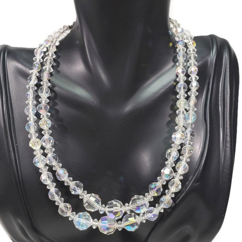 Vtg Crystal Necklace Double Strand Aurora Borealis